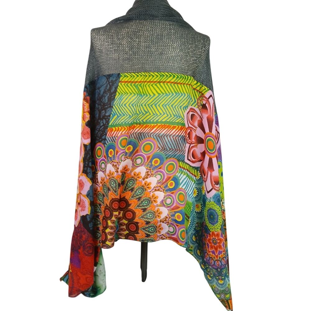 Desigual “You Make Me Happy” Multicolor Mixed Media Knit Scarf Wrap - Picture 5 of 6